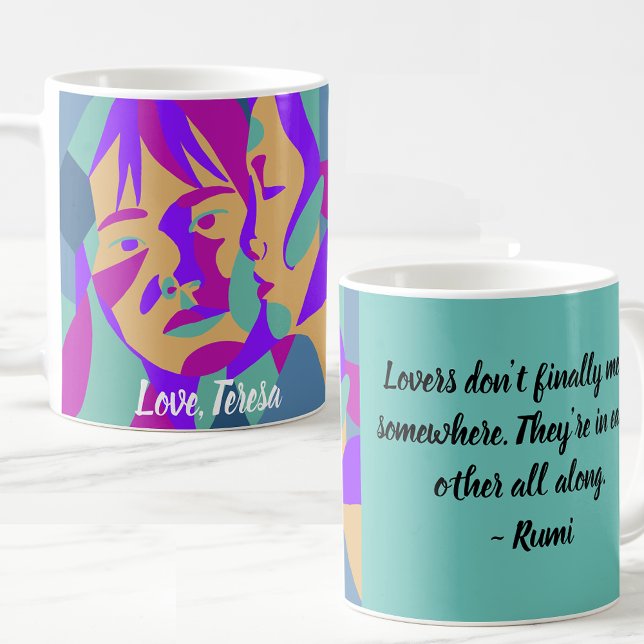 Taza De Café Día de San Valentín de Pop Art Lesbian | Rumi Cita (Colorful pop art image of two women with a touching Rumi quote.)