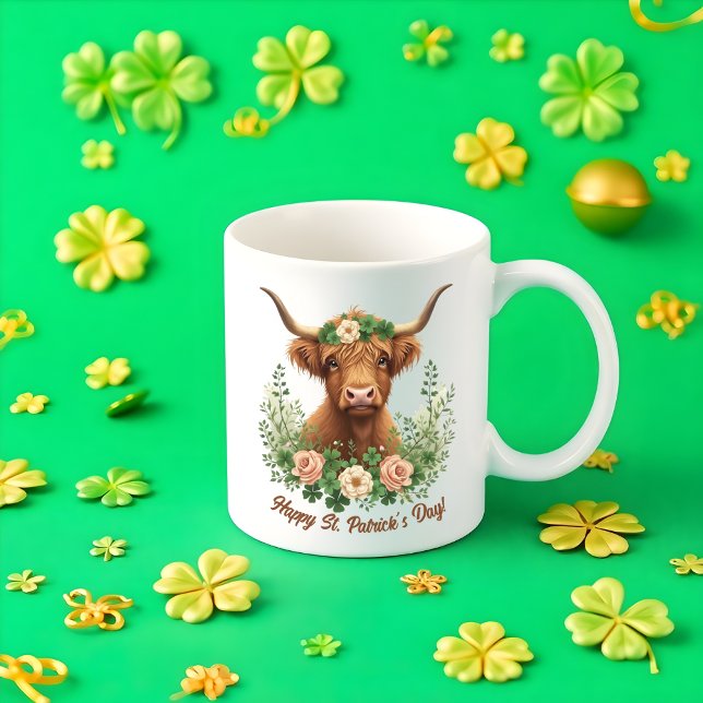 Taza De Café Día de Santo Domingo de la vaca salvaje irlandesa (St Patricks Day Irish Highland Cow Green Clover Coffee Mug)