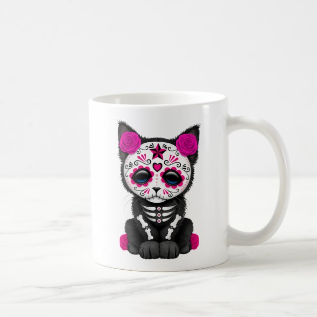 Taza De Café Día rosado lindo del gato muerto del gatito (Derecha)