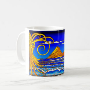 Taza De Café Día soleado en la pintura acuática de la playa
