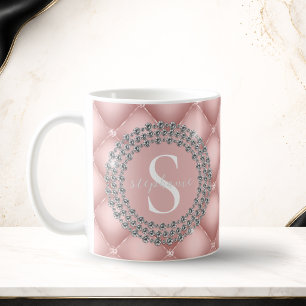 Taza De Café Diamantes Brillantes Rubor Rosa Monograma Personal