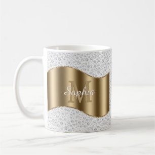 Taza De Café Diamantes, Monograma dorado grande Nombre de guión