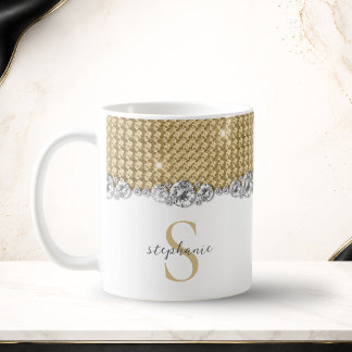 Taza De Café Diamantes Oro Elegante Brillante Monograma Persona