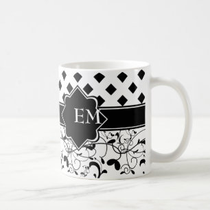 Taza De Café Diamantes victorianos florecen blancos negros