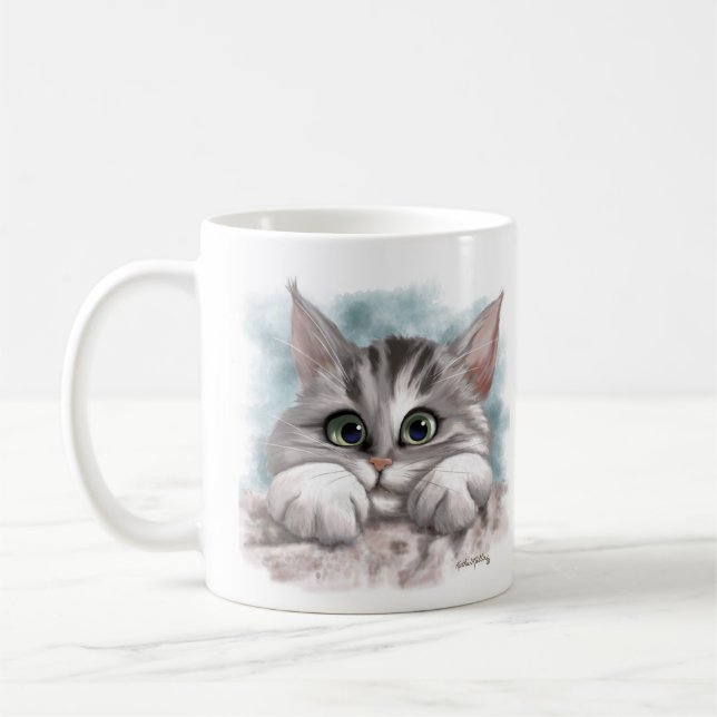 Taza De Café Dibujo animado de adorable gatito gris tabby (Izquierda)