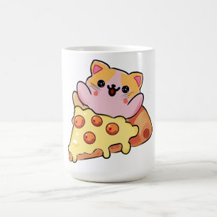 Taza De Café Dibujo animado de gato Kawaii abrazando pizza de p