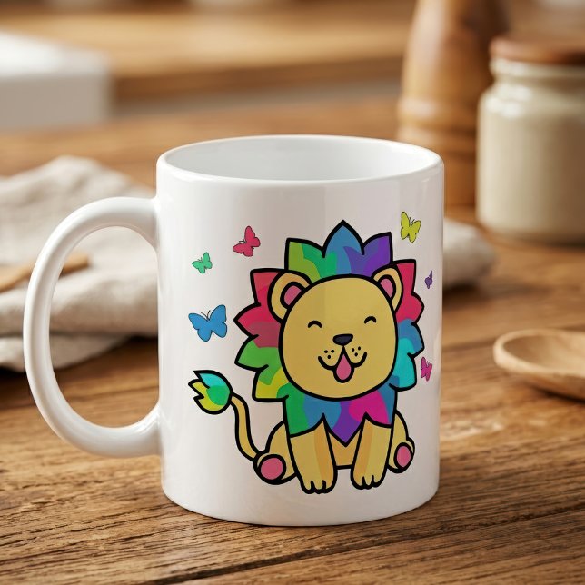 Taza De Café Dibujo animado de león Kawaii sonriente con maripo (Cute smiling Kawaii Lion with Butterflies Cartoon. Coffee Mug)
