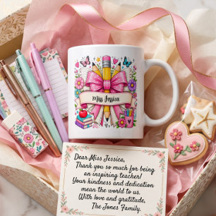 Taza De Café Dibujo Animado Flores Retro Rosadas Lápiz Profesor