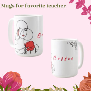 Taza De Café Dibujo de arte en línea de mujer, texto de café