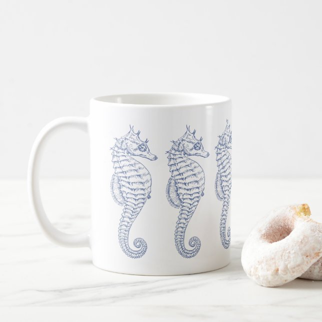 Taza De Café Dibujo de caballitos de mar grises azules (Con donut)