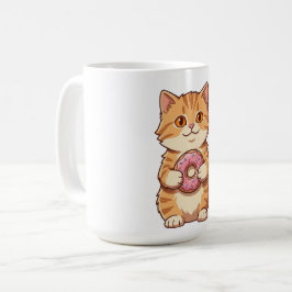 Taza De Café Dibujo de gato lindo y esponjoso sosteniendo donut