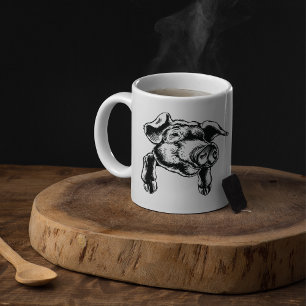Taza De Café Dibujo de granja de cabeza de cerdo en blanco y ne
