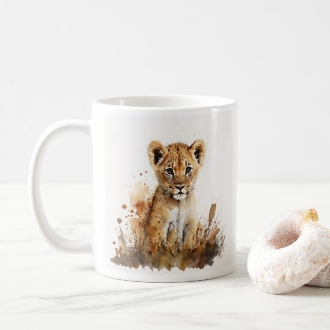 Taza De Café dibujo de la acuarela del safari - rey del león (Con donut)