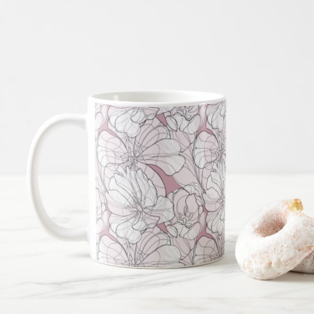 Taza De Café Dibujo de línea de tulipanos (Con donut)