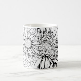 Taza De Café Dibujo de línea negra de crisantemo con su nombre