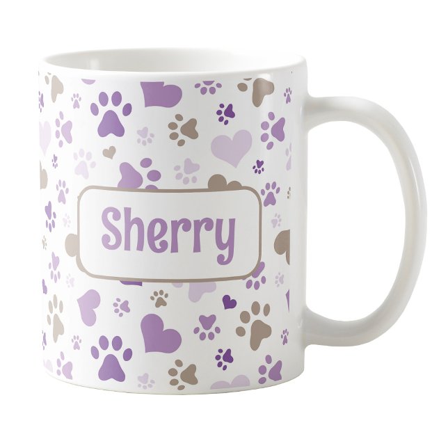 Taza De Café Dibujo de pinturas de cardíacos morados personaliz (Personalized Purple Hearts Paw Prints Mug at Amy's Coffee Mugs on Zazzle. )