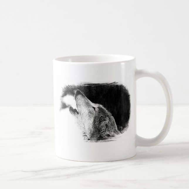 Taza De Café Dibujo de sketch de lobo gris negro y blanco (Derecha)