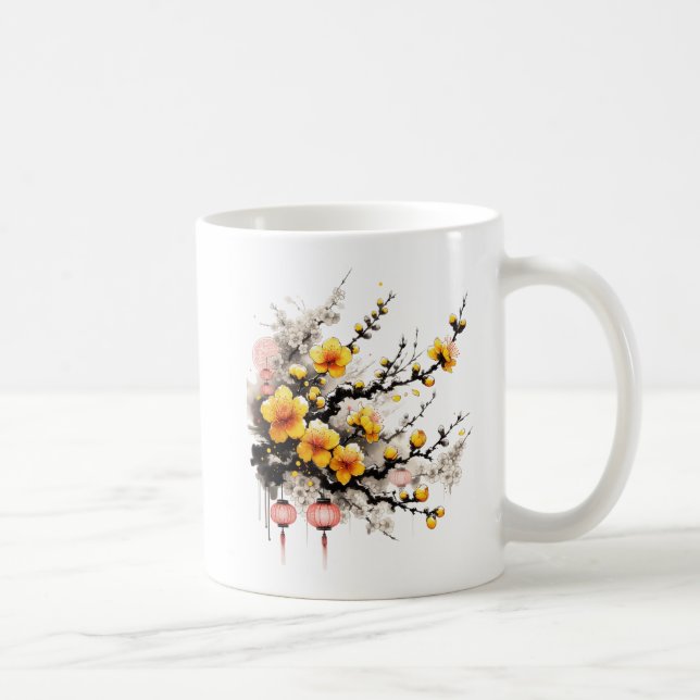 Taza De Café Dibujo en tinta de Hoa Mai Feliz Año Nuevo (Derecha)