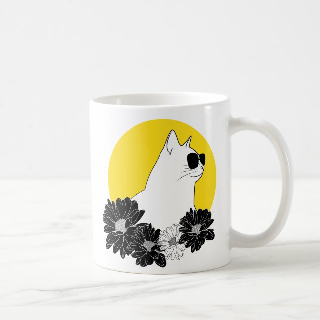 Taza De Café Dibujo lineal de gato con los sunglass, el sol y (Derecha)
