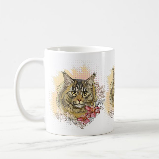 Taza De Café Dibujo manual divertido lindo Maine coon con flore (Izquierda)