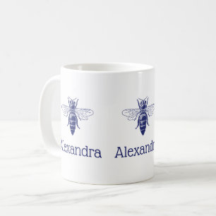 Taza De Café Dibujo vintage de abeja reina en azul