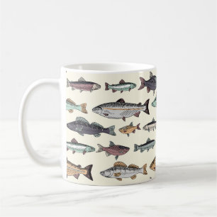 Taza De Café Dibujos de peces de época, patrón sin costuras.