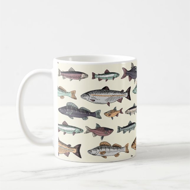 Taza De Café Dibujos de peces de época, patrón sin costuras. (Izquierda)