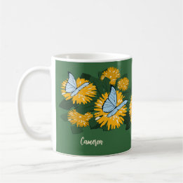 Taza De Café Diente de León Flor Silvestre y Mariposas Amarillo