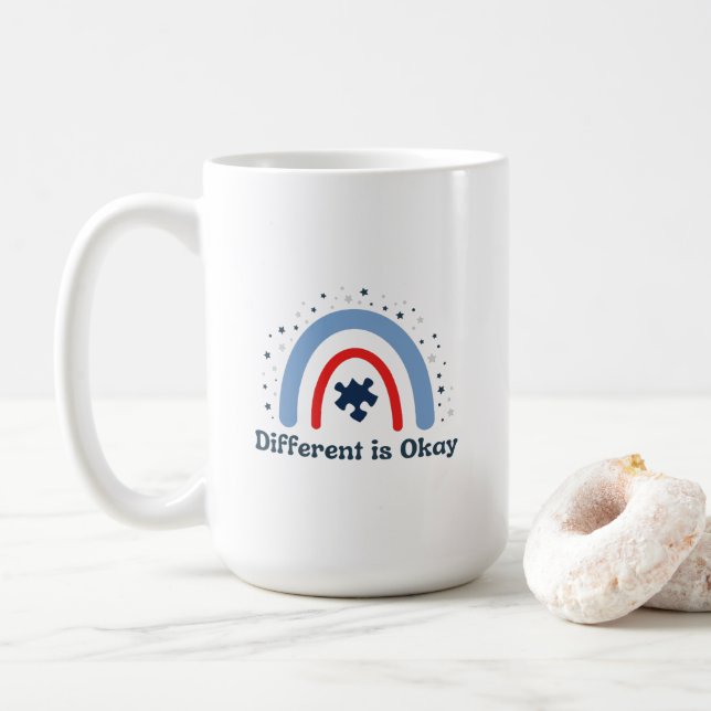 Taza De Café Diferente es Ok Autism Mug, 15 oz (Con donut)