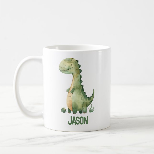 Taza De Café Dinosaurio acuático lindo con nombre de niño (Izquierda)