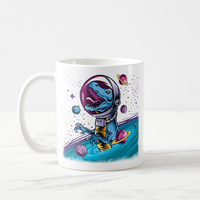 Taza De Café Dinosaurio divertido T-Rex en el espacio (Izquierda)