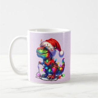 Taza De Café Dinosaurio enredado en luces de Navidad