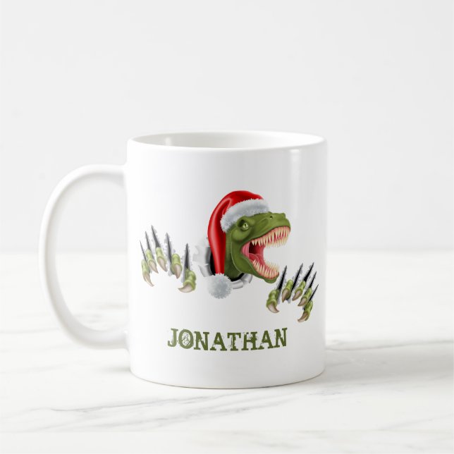 Taza De Café Dinosaurio T-Rex Santa Claus personalizado (Izquierda)