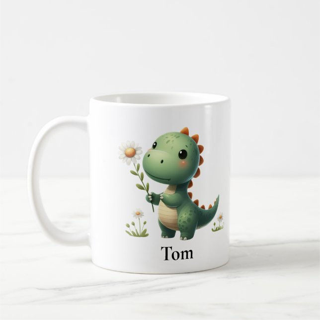 Taza De Café Dinosaurio verde personalizado con flores (Izquierda)