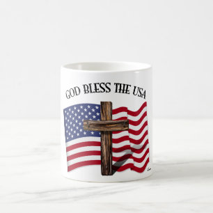 Taza De Café DIOS BENDIGA A LOS EE. UU. con cruz robusta y band