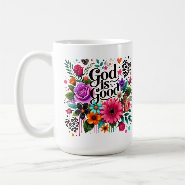 Taza De Café Dios es buena fe cristiana floral (Izquierda)