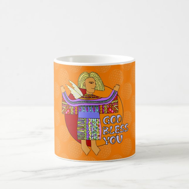 Taza De Café Dios te bendiga - patrón de flor de vida naranja (Centro)