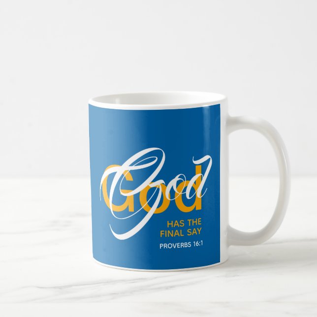 Taza De Café DIOS TIENE EL ÚLTIMO DECIR Monograma Guión Azul (Derecha)