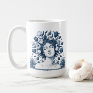Taza De Café Diosa Floral - Elegante Arte Botánico Azul