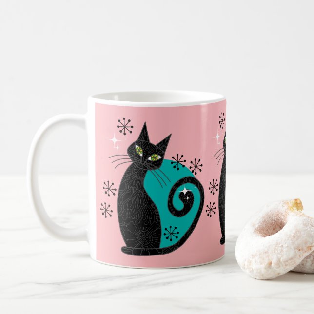 Taza De Café Dirección Retro de Gato Atómico Moderno de Mediado (Con donut)