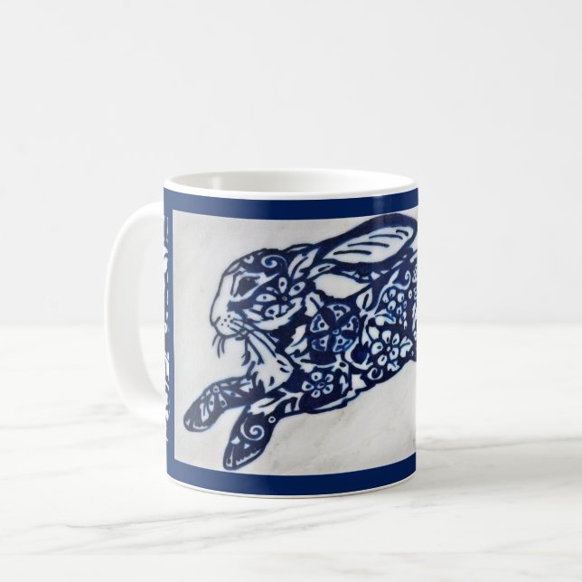 Taza De Café Diseñador de conejo azul y blanco oriental para ca (Anverso izquierdo)