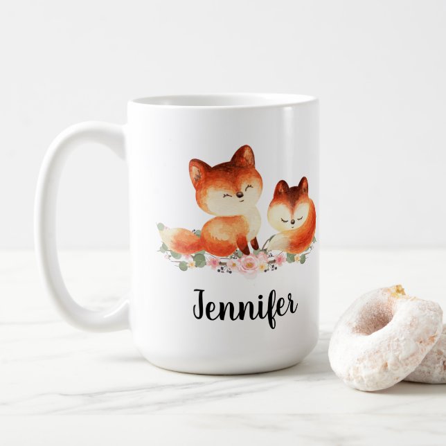 Taza De Café Diseño acuático de 2 zorros rojos pequeños (Con donut)