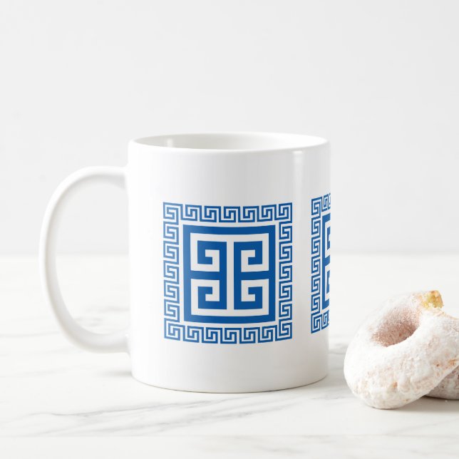 Taza De Café Diseño azul y blanco del patrón de clave griega (Con donut)