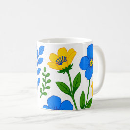 Taza De Café Diseño Botánico Floral Azul y Amarillo