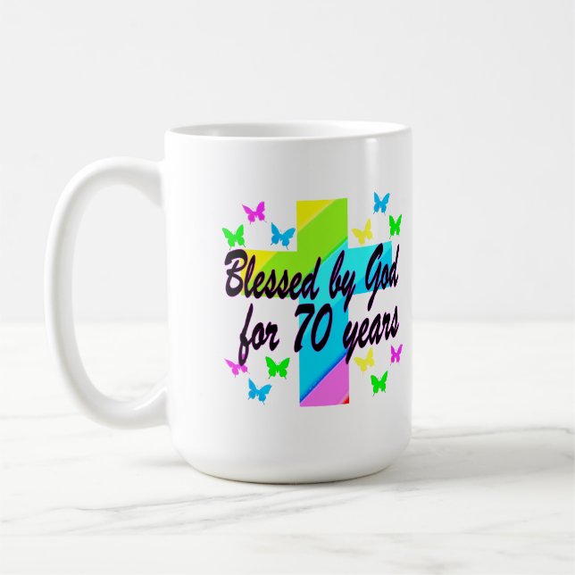 TAZA DE CAFÉ DISEÑO CRUZ RELIGIOSO 70 CUMPLEAÑOS (Izquierda)