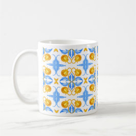 Taza De Café Diseño de baldosas botánicas doradas y azules – Ac