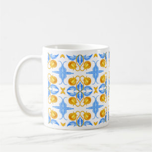 Taza De Café Diseño de baldosas botánicas doradas y azules – Ac