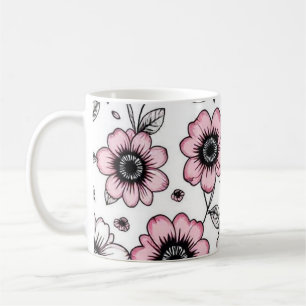 Taza De Café Diseño de boceto de flores y hojas rosadas