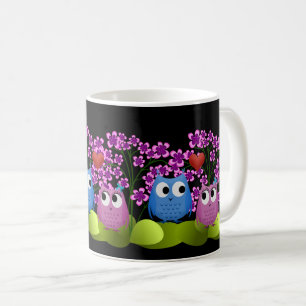 Taza De Café Diseño de búho y aves amorosas rosas y azules