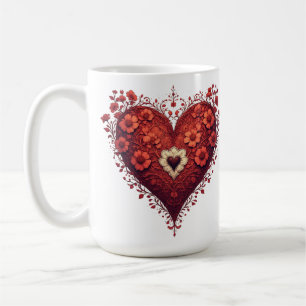 Taza De Café Diseño de corazón floral rojo con flores florecien